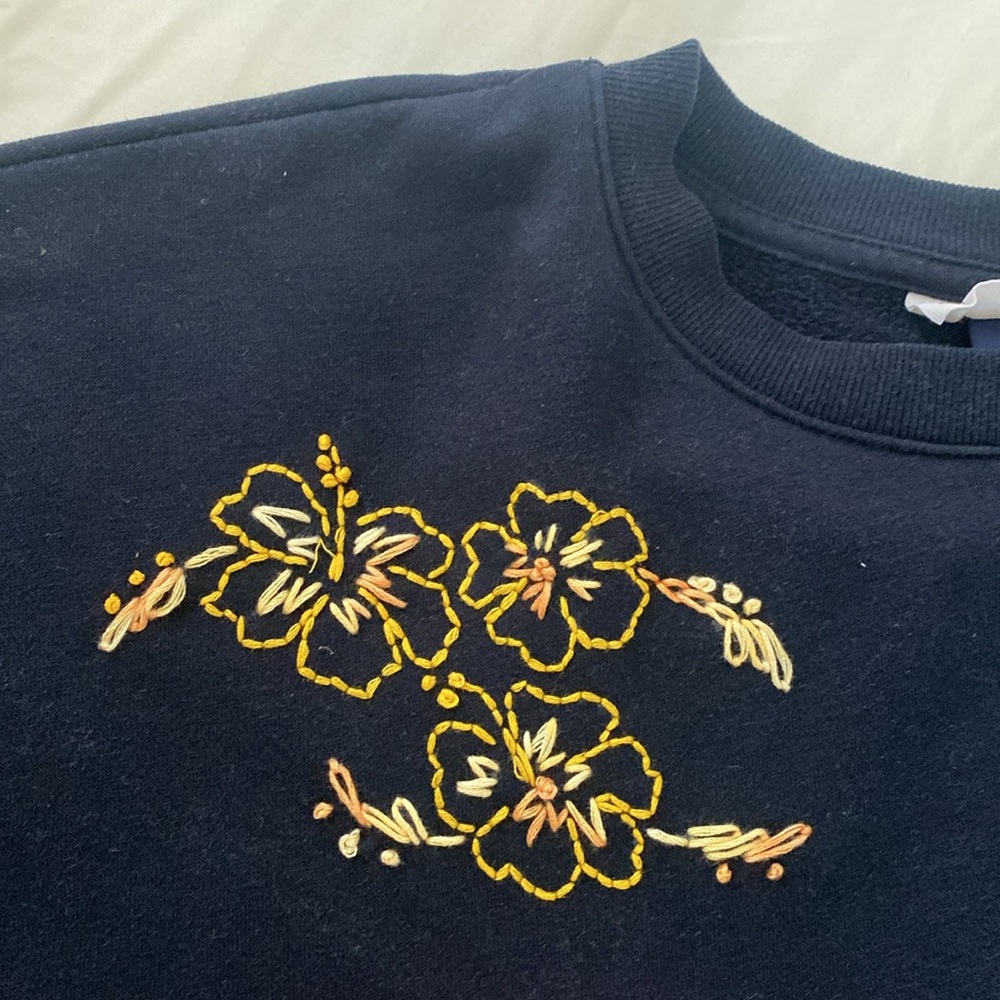 Black Sweatshirt with Yellow Hibiscus Embroidery